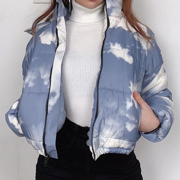 

down parka women short quilted padded hooded jacket puffer coat tie dye winter fashion windproof cloud print windbreaker slim1, Black