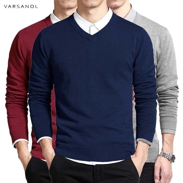 

varsanol cotton sweater men long sleeve pullovers outwear man v-neck sweaters loose solid fit knitting clothing 8colors new 201022, White;black