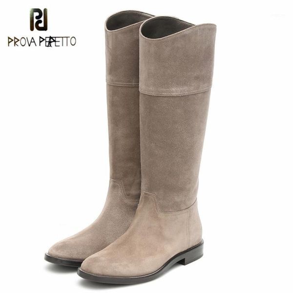 

prova perfetto classics office lady genuine leather solid color women's thigh high boots round toe low heel slip-on casual shoes1, Black