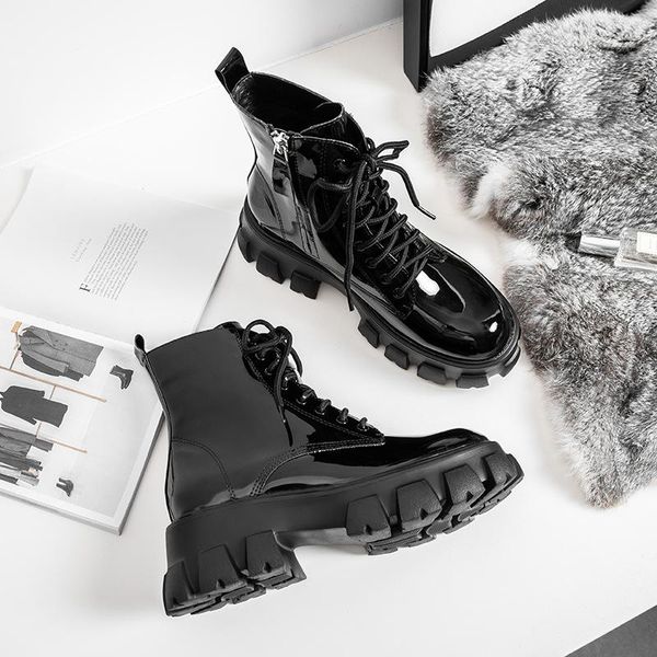 

dxfan round toe boots women patent leather brand design platform boots women lace up black punk motorcycle