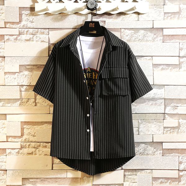 

new striped brand 2021 summer black men's pocket shirt fashion short sleeve casual plus oversize m-4xl 5xl hawaiian cisl, White;black