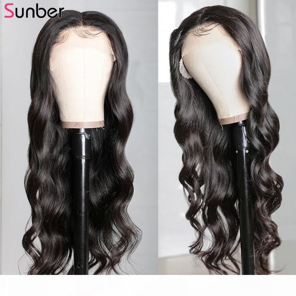 

sunber body wave 13x5 кружева часть фронтальные человеческие волосы парик для волос 150% плотность предварительно сброшенная столярная линия, Black;brown