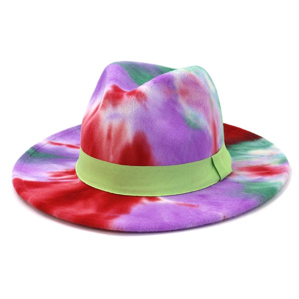 Großhandel Neueste Mode Design Tie Dye Drucken Bunte Regenbogen Filz Fedora Hut für Frauen Breite Krempe Panama Jazz Party kappe