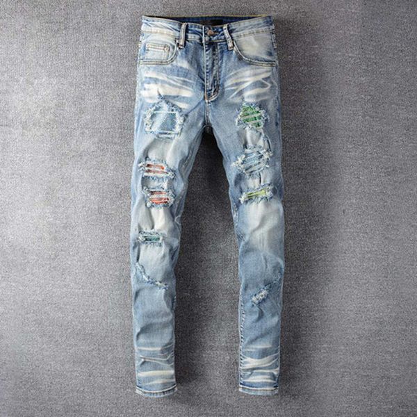 

pants new arrivals mens jeans designers hip hop pants stylist jeans distressed ripped biker jean slim fit motorcycle brand pants, Blue