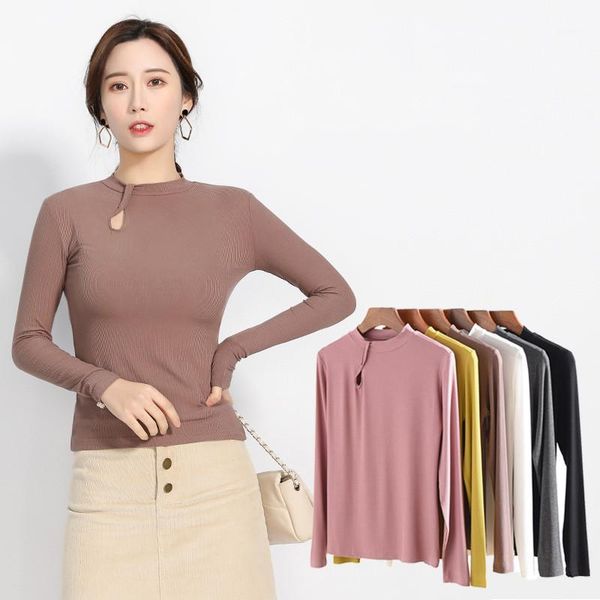 

new women soft chic t-shirts fashion half turtleneck female t-shirt long sleeve 6 colors elasticity tshirt basic tees1, White
