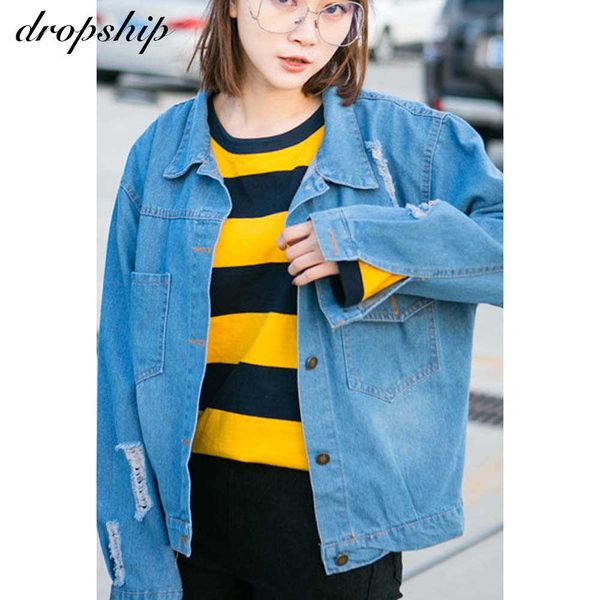 

kpop jean jacket long sleeve streetwear autumn woman jacket winter casual blue loose ripped harajuku cropped denim jacket women t200827, Black;brown