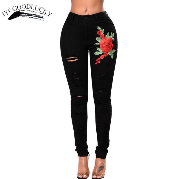 

black embroidery jeans mid waist ripped slim skinny jeans woman push up fashion all matches women denim long trousers, Blue
