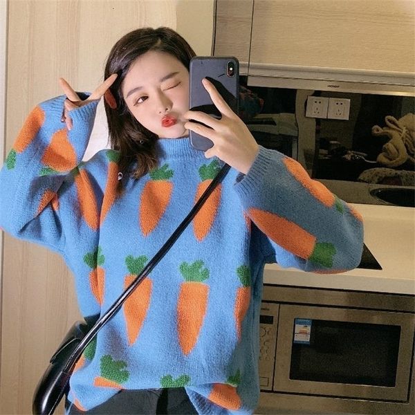 

women's clothing cute kawaii thicken loose carrot embroidery sweater lady harajuku ulzzang sweaters for women knitted sweater 201130, White;black