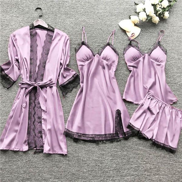 

cover-ups women pajamas sets satin sleepwear silk 4 pieces nightwear pyjama spaghetti strap lace sleep lounge pijama with chest pads1