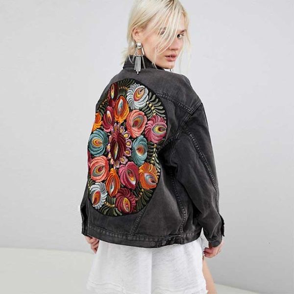

oversized multi floral embroidered denim jacket long sleeve casual chic jacket coat women 2020 new arriva spring coat girl, Black;brown