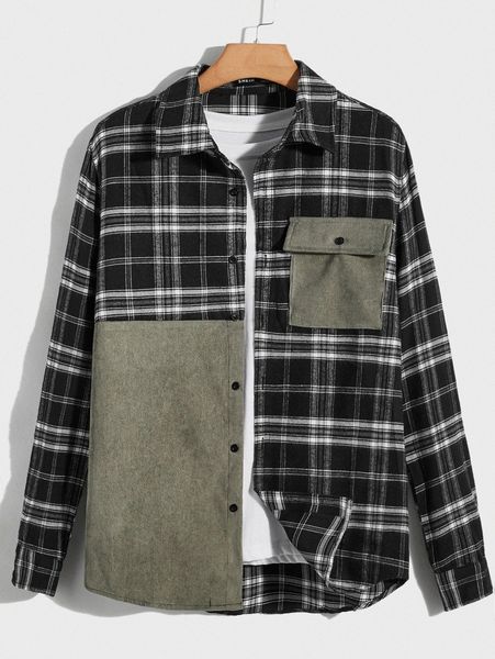 

men colorblock plaid graphic flap pocket shirt b57y#, White;black
