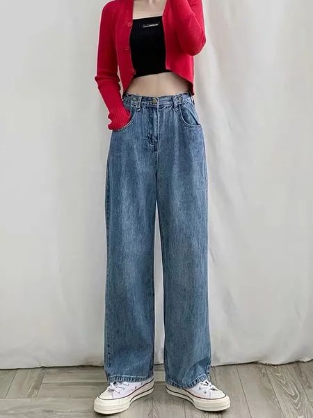 

women's trousers, women's jeans, casual pants, high waistline, ventage, wide leg jeans, korean style, easy to match, simple, Blue