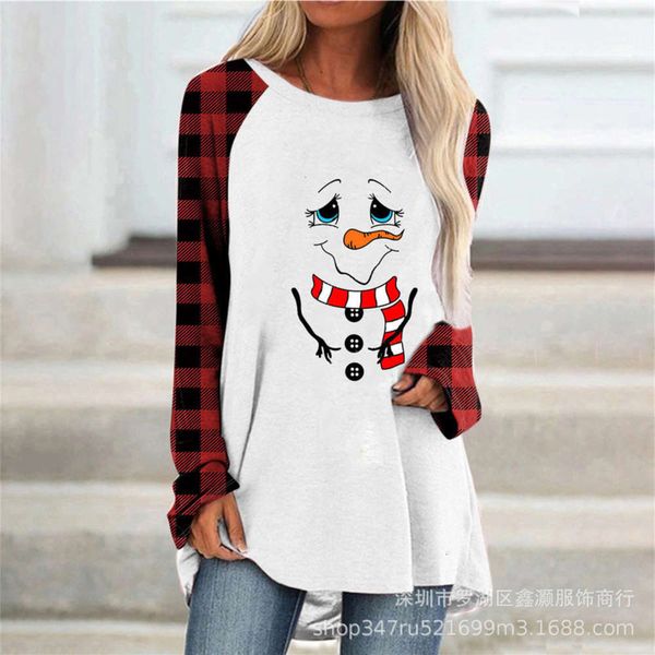 

print snowman women's plaid raglan long sve loose t-blood, Black;gray
