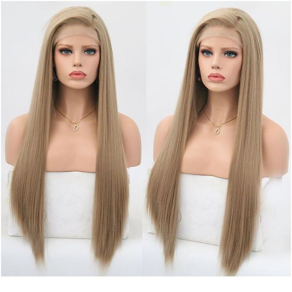 

rongduoyi длинные шелковистые прямые волосы синтетические кружева фронт фронт парик белокурая боковая часть косплей парик блестящие передние, Black