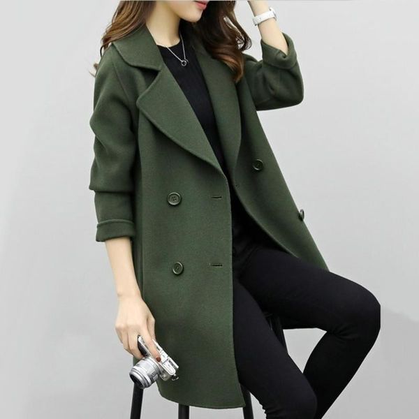 

women's wool & blends women ladies autumn winter casual solid color lapel double-breasted woolen mini trench coat, Black