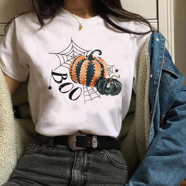 

women print graphic boo cartoon web spider pumpkin thanksgiving autumn halloween lady shirt womens tees female t shirt, White