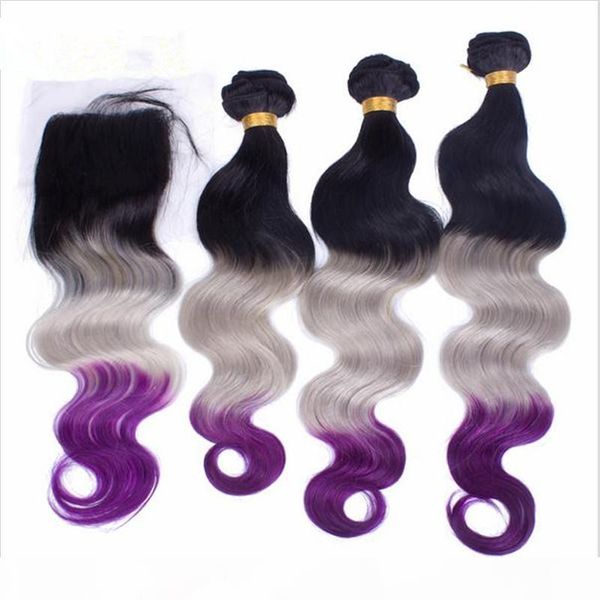 

#1b grey purple ombre brazilian human virgin hair 3 bundles with body wave three tone colored 4x4 front lace closure 4pcs lot, Black