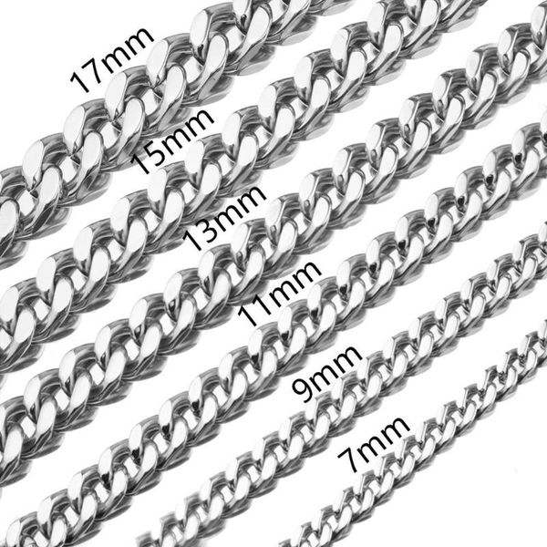 

7/9/11/13/15/17mm hip hop curb cuban link chain jewelry men 316l stainless steel neckalce gift 7-40inch, Silver