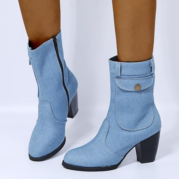 

fashion denim shoes women mid-calf boots square heel bohemia style motorcycle boots cowboy winter autumn women, Black