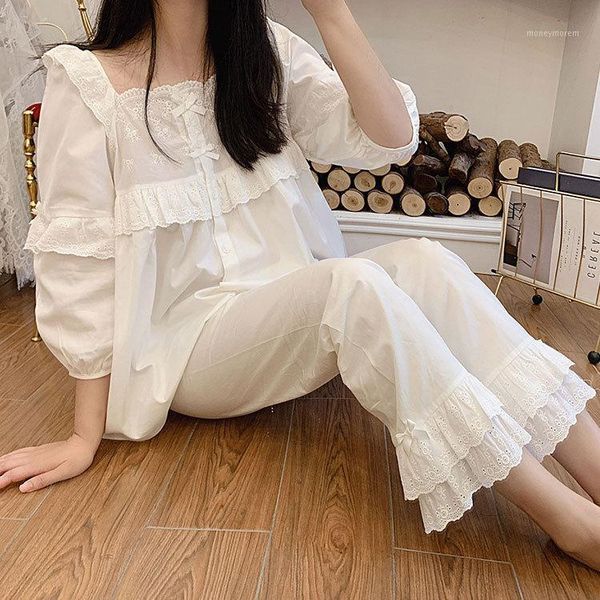 

women's sleepwear spring princess cotton long sleeve pajamas square collar white 2 piece women wear pyjamas womens luxury clothes sleep, Black;red