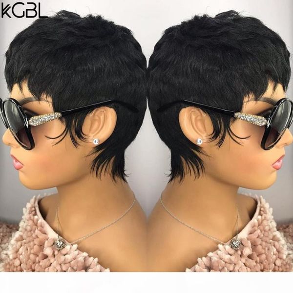 

kgbl13*4 natural color pixie cut lace front human hair wigs with baby hair brazilian non-remy 8'' 150 180 density medium ratio, Black;brown