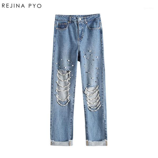 

rejinapyo women loose denim straight jeans high waist female embroidery flares ripped holes pant jeans high street ankle-length1, Blue