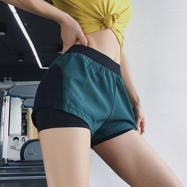 

yoga outfits women fake two pieces shorts high waist fitness mesh loose gym sport running quick dry elastic1, White;red
