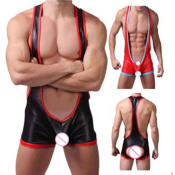 

3pieces/lot mens bodysuit jock strap imitation patent leather open back lingerie catsuit one piece men jumpsuits wrestling singlets, Black;brown