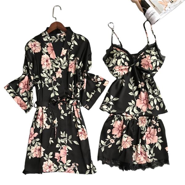 

women silk satin print nightdress sets spring erotic bathrobe pyjamas woman casual sleep dress night robe set babydolls, Black;white