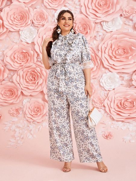 

plus 1 pc tie neck flounce sleeve ditsy floral jumpsuit l0ml#, Black