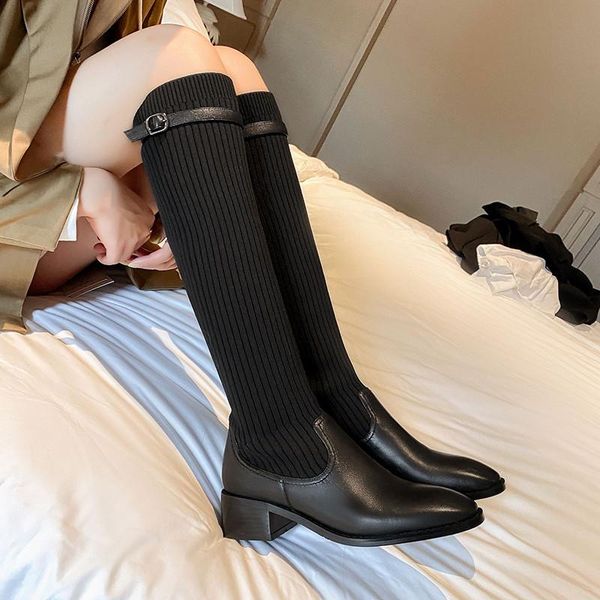 

prova perfetto all-match women boots black plush pointed toe chunky heel belt buckle boots 2020 thick bottom punk botas mujer