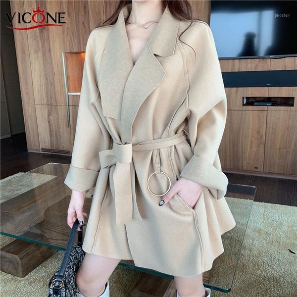 

vicone loose fit lace up long sleeve wool coat 2020 korean coat womens coats winter1, Black