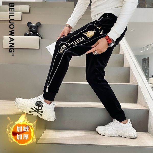 

pants men's winter new european corduroy taurus embroidered knitting loose casual pants men's plush thickening, Black