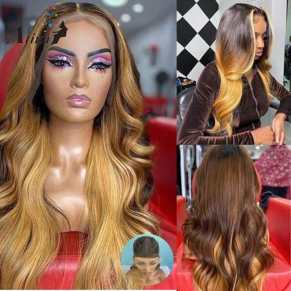

highlight wig brazilianwavy hd transparent wig highlight human hair wigs honey blonde ombre lace front remy 250 density, Black;brown