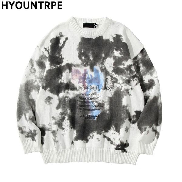 

men hip hop streetwear tie-dyed harajuku sweater vintage retro o-neck knitted sweater new casual sweaters cotton pullover, White;black