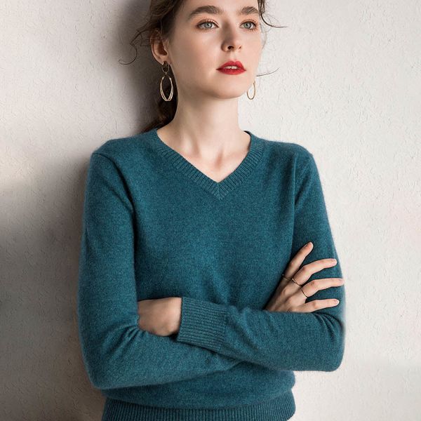 

100% goat cashmere knit sweaters women pullovers 15colors v-neck soft ladies jumpers woman clothes 210203, White;black