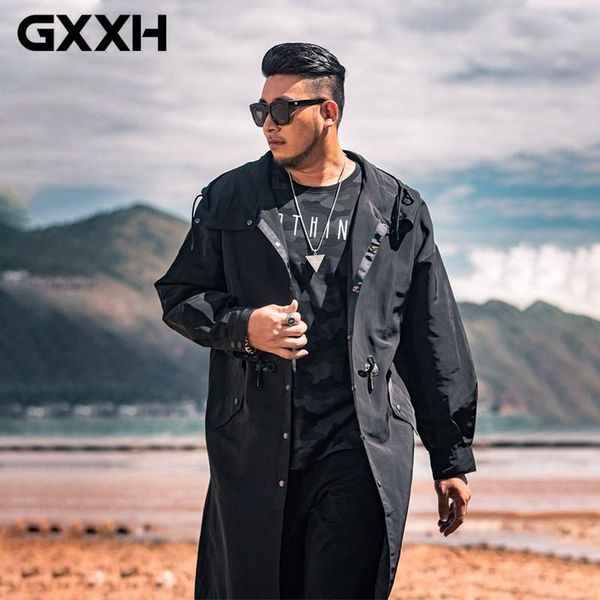 

gxxh men autumn winter oversized long hooded trench coat male streetwear windbreaker plus size casual jacket overcoat outerwear, Tan;black