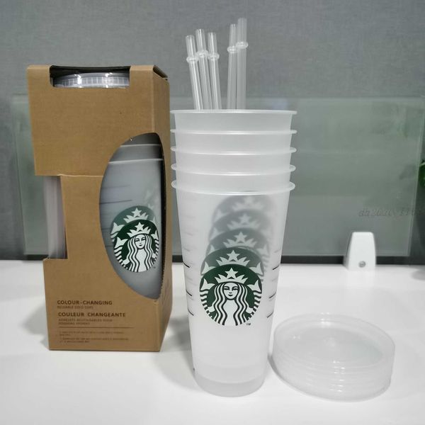 24oz tumblers plástico bebendo suco de suco com lábio e palha mágica caneca de café Costom Starbucks Copos transparentes plásticos