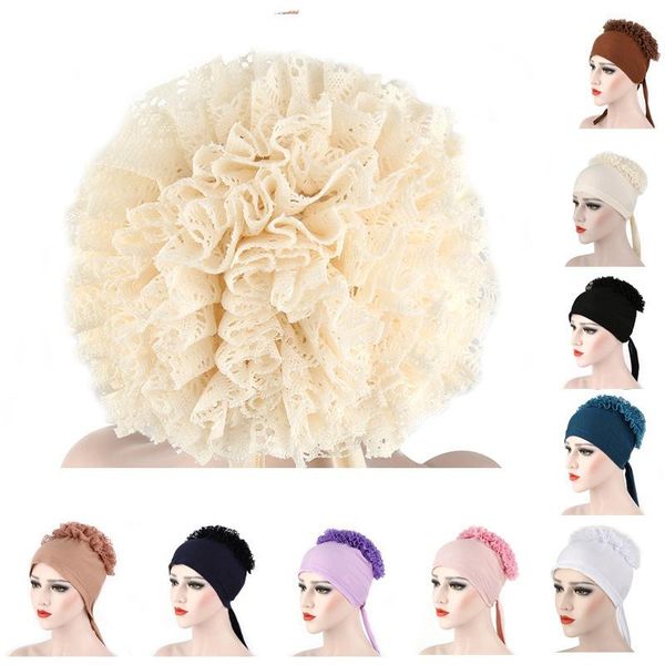 

muslim women's solid lace big flower cotton turban hat chemo beanie cap headwear wrap plated hair accessories, Blue;gray