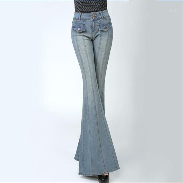 

spring and autumn europe and the united states wide leg large size jeans slim thin plus fat mopping big trumpet trousers women1, Blue