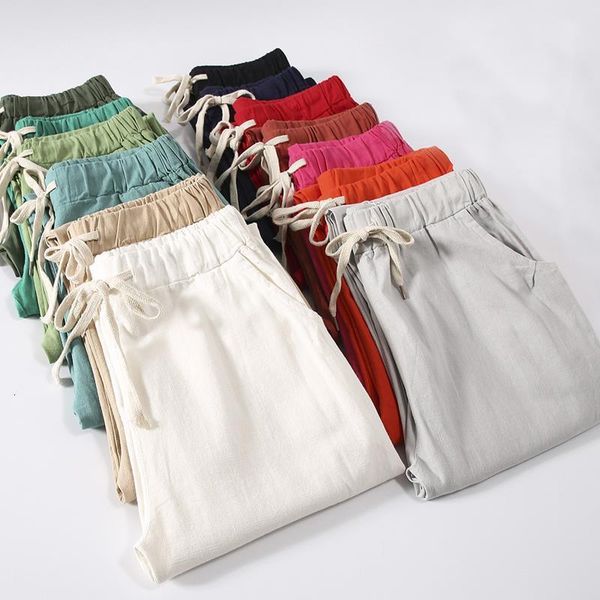 

women summer cotton linen pants solid elastic waist candy colors harem trousers plus size women pants 5xl 6xl 7xl, Black;white