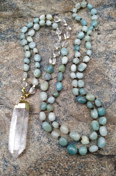 

pendant necklaces natural rough quartz amazonite stone chips beads knot handcraft necklace m0017, Silver