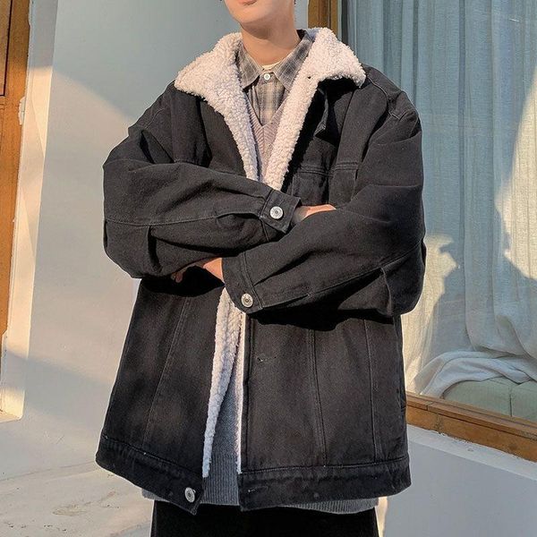 

winter new lambs wool cotton clothes men's loose cotton padded jacket trendy student denim coat thickened coat, Black