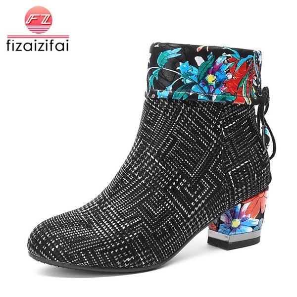 

boots coolcept women ankle real leather bowknot print flower high heel winter fur shoes warm footwear size 33-43, Black