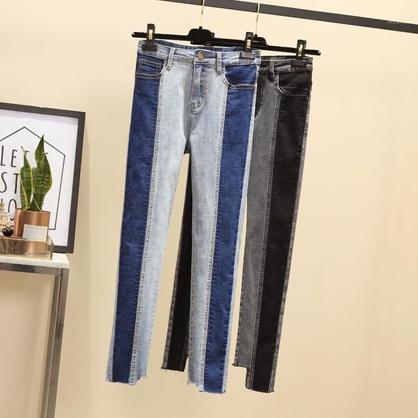 

2020 big spring new skinny color contrast jeans 9-point leggings for women1, Blue