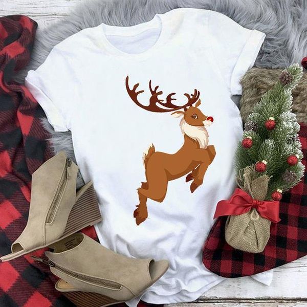 

women cute cartoon reindeer graphic print tshirt merry christmas white fashion t-shirt female short sleeve tee