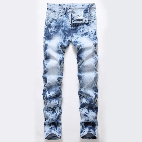 

light stretch motorcycle hole jeans trend men's pants, Blue