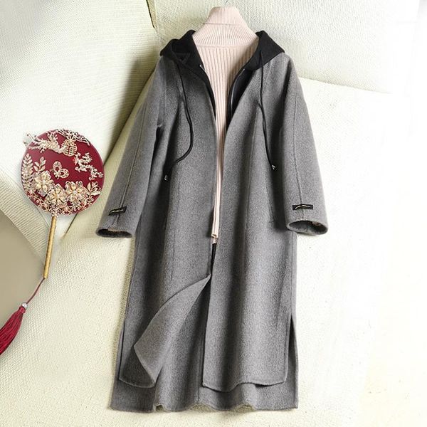

cashmere coat female in the new spring 2020 han edition hooded long fashion fake two pieces of thick cloth coat1, Black
