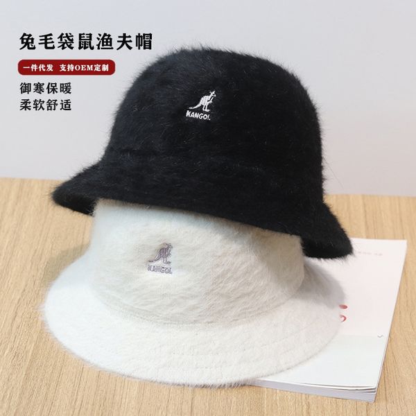 

ahbep autumn and winter women's new rabbit hair pure color korean fisherman's kangol kangaroo embroidery warm fisherman bucket hat, Brown;gray