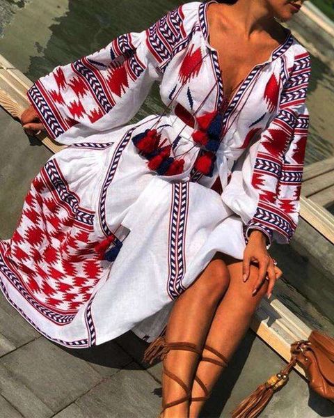 

2020 new style deep v print long sleeve dress, Black;gray